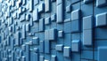 Textured blue blocks form abstract geometric wall pattern. Cubes in varied sizes create 3D surface with clean lines and depth. Royalty Free Stock Photo