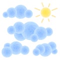 Textured Blue Clouds And Sun On Blue Background. Sunny Sky Illustration