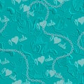 Textured blue 3d kittens seamless pattern. Emboss vector grunge background. Embossed lines cats, love hearts, chains. I love cats