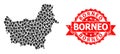 Textured Borneo Stamp Seal and Pointer Mosaic Map of Borneo Island