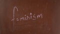 Textured brown chalkboard background. 'Feminism' is written on the board with a piece of pink chalk. Close up