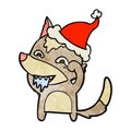 textured cartoon of a hungry wolf wearing santa hat