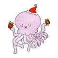 textured cartoon of a jellyfish in love wearing santa hat