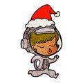 textured cartoon of a pretty astronaut girl running wearing santa hat