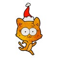 textured cartoon of a surprised cat running wearing santa hat