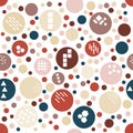 Textured circle festive colorful seamless pattern. Geometric dotted wallpaper. Random polka dot background. Royalty Free Stock Photo