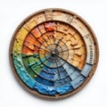 Textured Circular Color Chart with Varied Hues and Wooden Frame