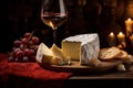 Textured closeup of cheese slices, glass of wine, rustic wooden plate and a cozy background