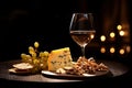 Textured closeup of cheese slices, glass of wine, rustic wooden plate and a cozy background