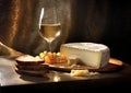 Textured closeup of cheese slices, glass of wine, rustic wooden plate and a cozy background