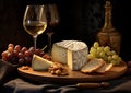 Textured closeup of cheese slices, glass of wine, rustic wooden plate and a cozy background