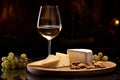 Textured closeup of cheese slices, glass of wine, rustic wooden plate and a cozy background