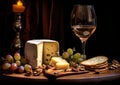 Textured closeup of cheese slices, glass of wine, rustic wooden plate and a cozy background