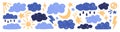 Textured clouds set in doodle style. Different weather in the sky. Cute sun with rays, moon, shooting stars, thunders and rain Royalty Free Stock Photo