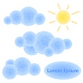 Textured clouds and sun on white background. Sunny sky illustration.