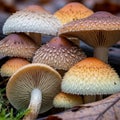 Textured conical caps in shades of orange and brown surrounded by a forest Royalty Free Stock Photo