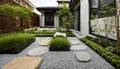 Textured and contrasting elements like pebbles flagstone and pavers