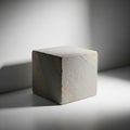 A textured cubic stone block is centrally positioned on a smooth white surface Royalty Free Stock Photo