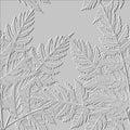 Textured 3d Fern Leaves Seamless Pattern. Embossed Ornamental Floral Background. Repeat Emboss White Vector Backdrop. Relief