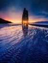 Textured dark sand after the tide. Location famous Hvitserkur rock, Vatnsnes peninsula, Iceland, Europe