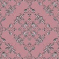 Textured elegance tapestry 3d Baroque vector seamless pattern. Luxury ornamental pink background. Silver embroidery Royalty Free Stock Photo