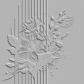 Textured emboss 3d flowers striped pattern. Floral embossed tropical white background. Modern vector backdrop. Line art flowers,