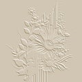 Textured emboss 3d flowers striped pattern illustration. Floral embossed beige background. Modern vector backdrop. Line art