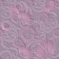 Textured emboss 3d seamless pattern with flowers, musical notes, circles, lines, swirls. Embossed grunge ornamental pink