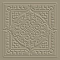 Textured emboss greek key meanders surface floral 3d seamless pattern with square frame. Relief beige trendy vector background. Royalty Free Stock Photo