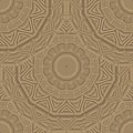 Textured emboss tiled mandalas seamless pattern. Embossed ornamental surface vector background. Round textured relief mandalas