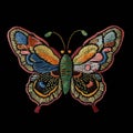 Textured embroidery colorful beautiful butterfly pattern. Decorative embroidered bright insect background. Vector ornamental Royalty Free Stock Photo