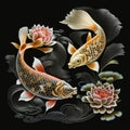 Textured embroidery fishes. Chinese japanese style vector background illustration. Decorative embroidered fishes, lotus flowers.