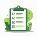 Textured flat vector of a green clipboard with a completed checklist, green checkmarks, and leaves. Royalty Free Stock Photo