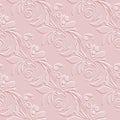 Textured Floral 3d Seamless Pattern. Embossed Pink Background. Vintage Emboss Flowers, Leaves. Repeat Surface Vector Backdrop.