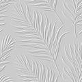 Textured floral line art palm leaves 3d seamless pattern. Tropical relief background. Repeat embossed white backdrop. Surface