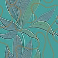 Textured flowers 3d seamless pattern with golden ropes. Floral embossed tropical background. Colorful modern backdrop. Emboss