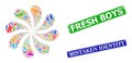 Textured Fresh Boys Seals and Star Man Icon Colored Twirl Explosion