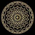 Textured gold 3d ropes mandala pattern. Tapestry floral vector background. Embroidery vintage flowers, lines, swirls, frame.