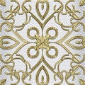 Textured gold 3d seamless pattern. Tapestry floral vector silver background. Embroidery vintage flowers, lines, swirls. Grunge Royalty Free Stock Photo