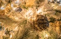 A textured gold pinecone Christmas ornament on a flocked Christmas tree Royalty Free Stock Photo