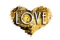 Textured golden metallic shining background. A golden heart with the inscription `love` . Uneven ragged edges, isolated.