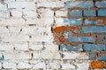 Textured grunge background. Brick wall with white and blue paint outdoors. Old, cracked horizontal brickwork Royalty Free Stock Photo