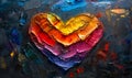 Textured heart painted with vibrant rainbow colors against a dark abstract background, symbolizing love, diversity, LGBTQ Royalty Free Stock Photo