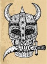 Textured illustration of scary skull in knight helm holding dagger knife in teeth