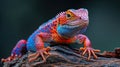 Textured Log Resting Place for Vividly Colored Lizard: Detailed Red and Blue Reptilian Scales