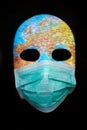 Textured mask with map wearing surgical mask. Concept for corona virus pandemia