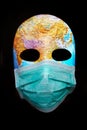 Textured mask with map wearing surgical mask. Concept for corona virus pandemia