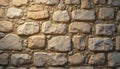 Textured medieval stone wall with weathered rough surface in grey, brown, beige tones. Rustic craftsmanship durability, strength Royalty Free Stock Photo