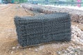 Textured mesh - gabion to strengthen the slope. A pile of iron wire or also known as `gabion`. Galvanized wire mesh gabion box on