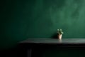 Textured moss green wall copy space. Monochrome empty room with minimalist table and plant in pot. Wall scene mockup product for